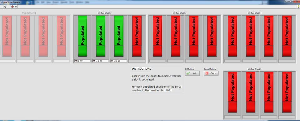 The operator must first tell the application which positions on the gantry contain modules to be encapsulated as well as the serial numbers of those modules. This information is used when generating the report and logfile.