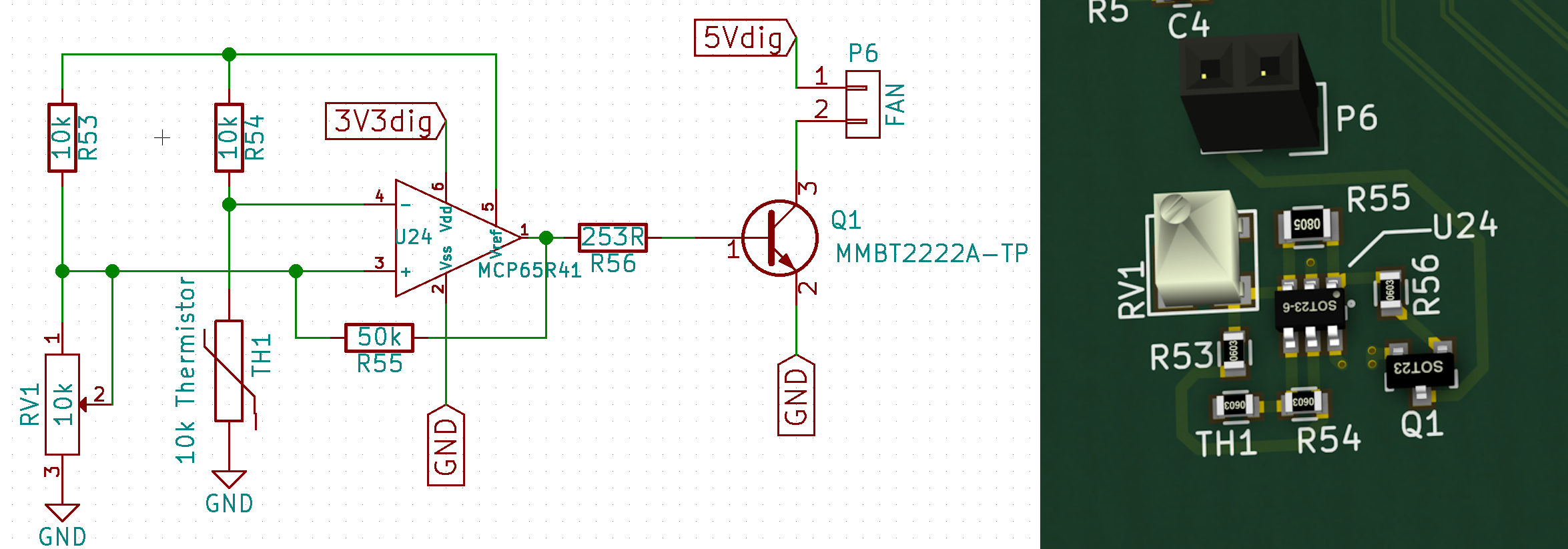 The fan control circuit. The FPGA, ADCs, and other electronics will potentially consume several watts of power. To allow for continuous operation within a case, it was decided to add a fan controller to the board. This would regulate the speed of a chassis mounted fan in accordance with a reading from a thermistor on the board.