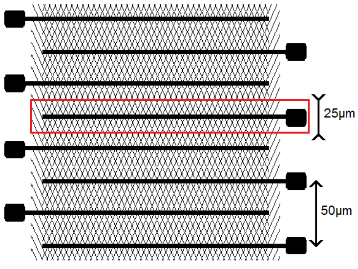Schematic representation of the silicon micro-strip detector to be used with the telescope. The solid lines indicate metalization that collects charge liberated by the traversal of an energetic charged particle.