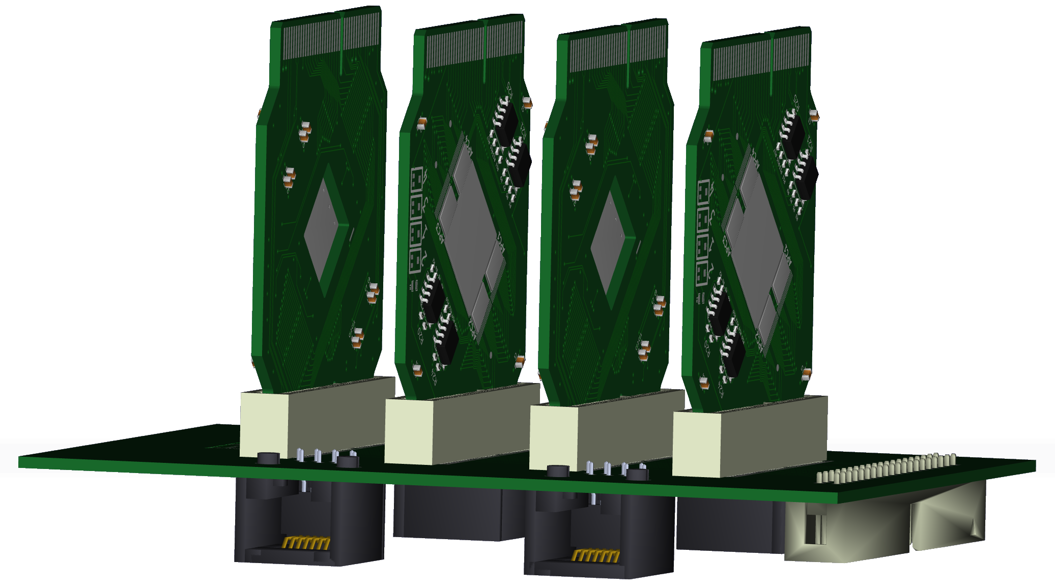 One of the two identical back-plane boards that make up the in-beam part of the telescope. The silicon micro-strip detectors are mounted at at 45 degree angle relative to the back-plane board, and each of the cards has board-edge connectors on both the top and bottom. This means that one can rotate a card 180 degrees to change the relative orientation of the strips. They can be alternating horizontal-vertial (as shown), all vertical, all horizontal or any combination accoring to the operators needs.