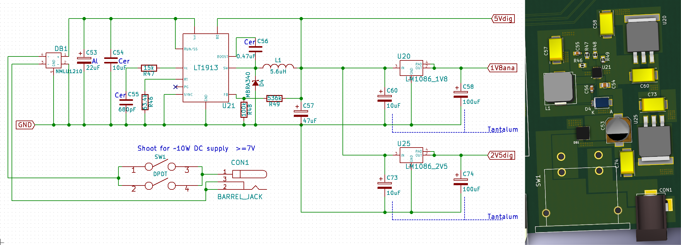 The power supply for the DAQ board. It uses a switching DC/DC converter to regulate a 7-25VDC supply down to 5V. It then employs two linear regulators to supply the 2.5V and 1.8V rails. There is a rocker switch (3D model missing) for turning the DAQ on and off, and a diode bridge between the plug and supply electronics to be tolerant to reverse polarity power sources.