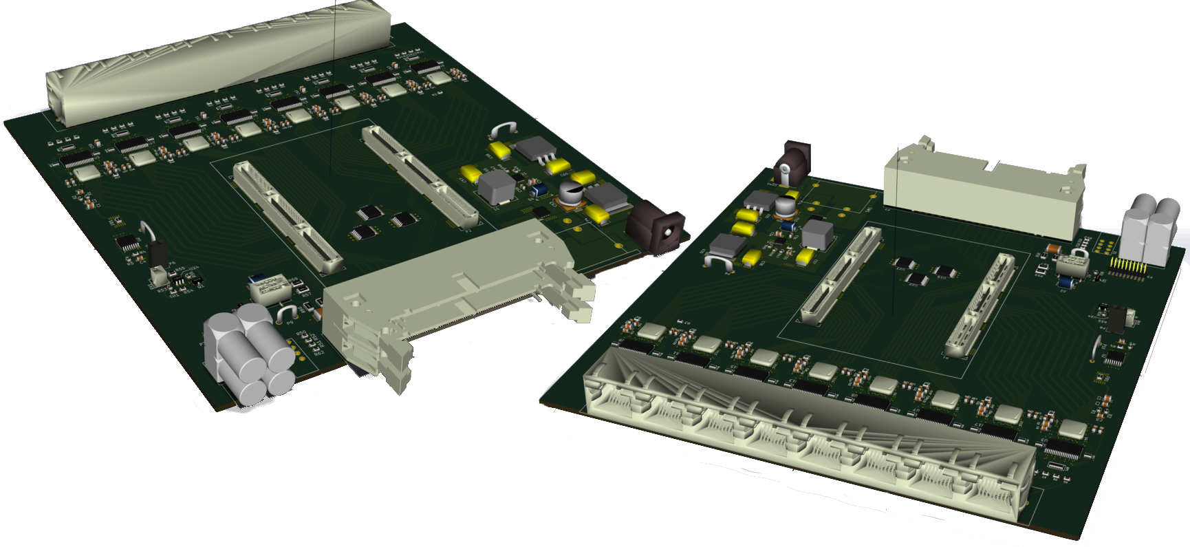 Front (left) and rear (right) 3d rendering of the Telescope DAQ. In the foreground of the front image are the LEMO connectors for supplying external clock and trigger as well as two programmable IO lines. The large center-front connector is a double 2x20 parallel port which is connected to matching connectors on the two backplane boards. Finally on the front right there is barrel jack for supplying power. The large connector in the foreground of the left image is an 8xRJ-45 jack for receiving the differential analog signals from the APC128 chips.