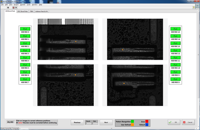 After the fiducials are found and the precise position of the module in space has been calculated, the application will instruct the gantry to get reference images to help define where the encapsulation lines will go. Here, the user is presented with the wirebond pads on the corners of the HDI. They then select a position as seen in the image (orange dot) from which the application calculates the lines on encapsulant to go along each side of the HDI. The user may also select a subset of wirebond groups to encapsulate. This is useful if the module is returning after being reworked and only a subset of it needs to be encapsulated. Similar UI exists for the ROC bond pads, the TBM bond pads, the address pads, and the bias voltage wirebonds.