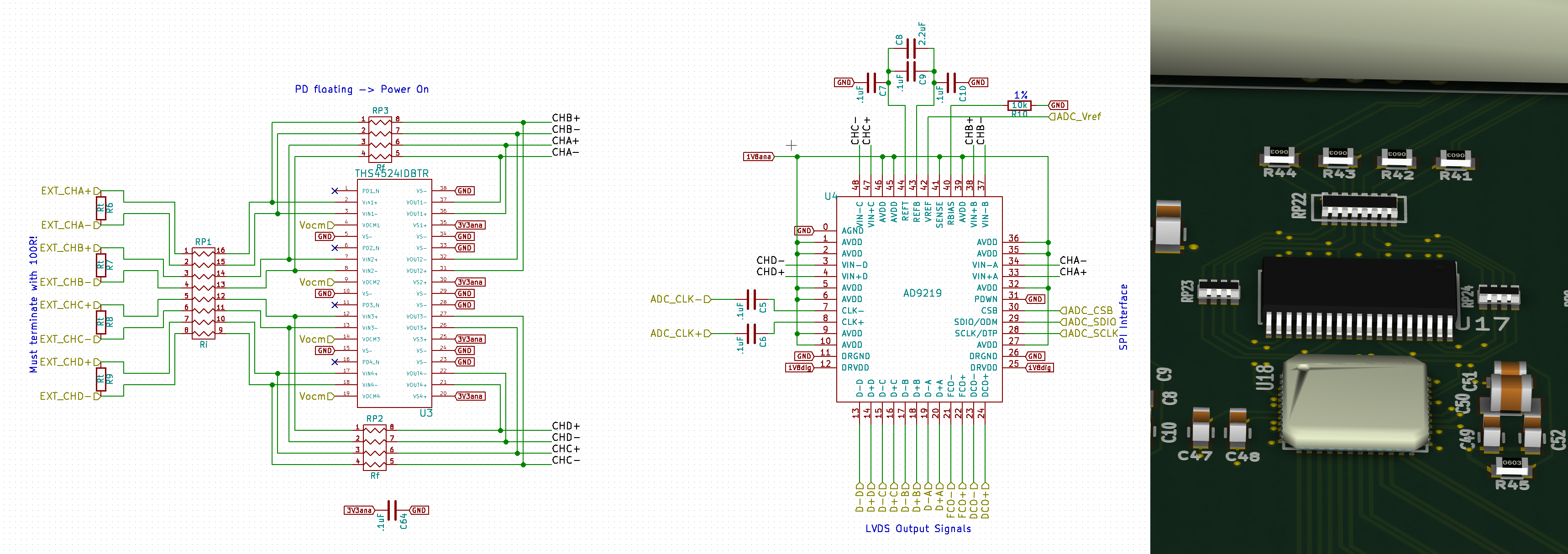 Single ADC assembly, capable of digitizing four APC128 signals. The design uses a Texas Instruments THS4524IDBTR four channel differential op amp to isolate the input lines from the ADC circuit and convert the differential signals to single-ended signal. This is paired with an Analog Devices AD9219 four-channel 10-bit ADC.