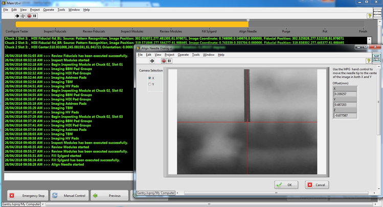 After the encapsulant lines have been defined, the operator is instructed to mix Sylgard and load the encapsulation needle on the gantry head. After doing this, the application brings the gantry to the needle-tip calibration station. Shown here is the view from one of the cameras on the station. During this step, a hand-controller is enabled for the operator to align the needle with the crosshairs. (Note that the inverted needle is missing in this image, but would normally be visible in the bottom part of the screen.)