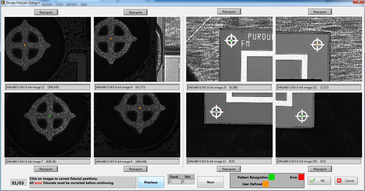 Once the application knows which slots contain modules, it proceeds to acquire fiducial images on the HDI and BBM and run the pattern recognition to find the fiducials in the images. The operator can then review the results of the pattern recognition and make corrections as necessary.