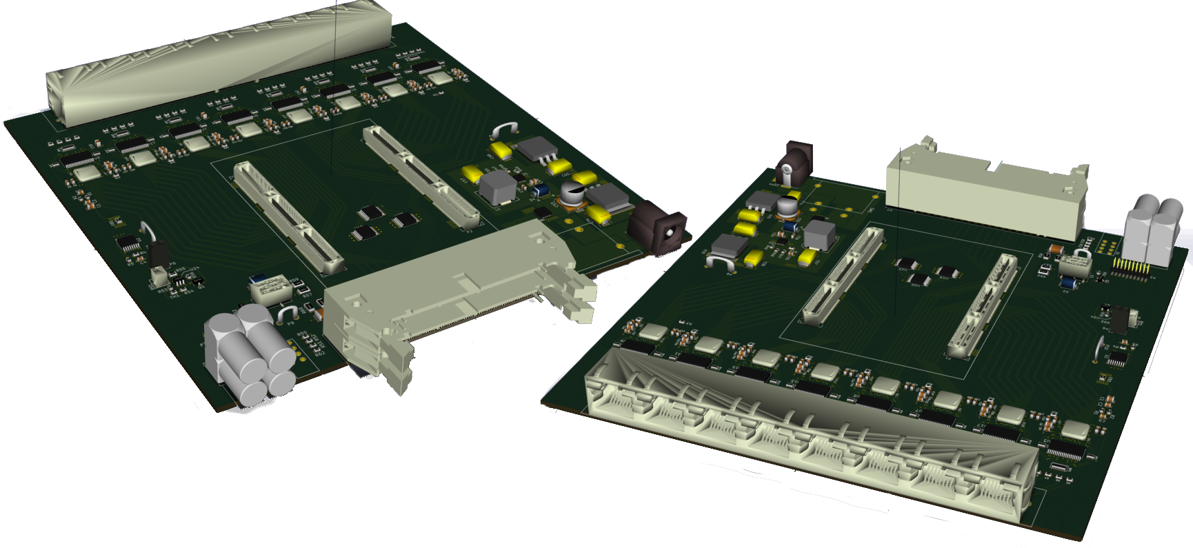 Front (left) and rear (right) 3D rendering of the Telescope DAQ. In the foreground of the front image are the LEMO connectors for supplying external clock and trigger as well as two programmable IO lines. The large center-front connector is a double 2x20 parallel port which is connected to matching connectors on the two backplane boards. Finally on the front right there is barrel jack for supplying power. The large connector in the foreground of the left image is an 8xRJ-45 jack for receiving the differential analog signals from the APC128 chips.