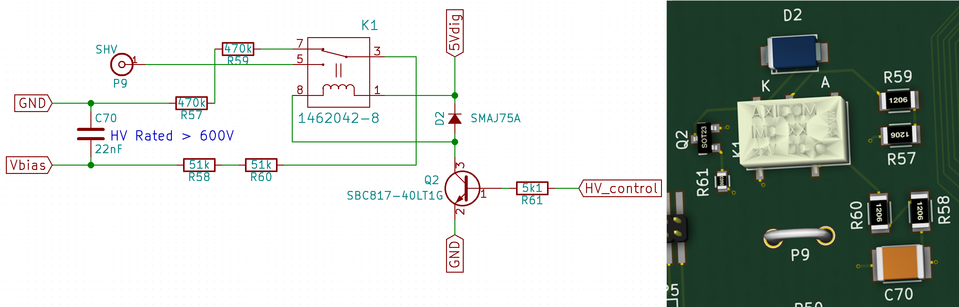 Bias voltage control. High voltage is supplied by an external source and connected to the board via a chassis mounted SHV connector. A mechanical relay, controled by a signal coming from the FPGA, controls whether bias voltage gets supplied to the micro-strip detectors. Large value serial resistors are used to limit any potential shock hazard.